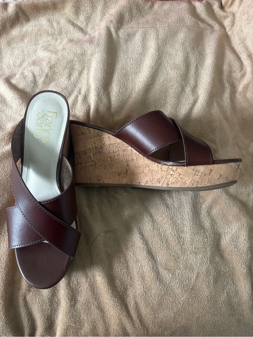 Franco Sarto Brown Crisscross Wedge Slide Sandals